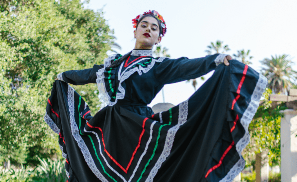 vestido mexicano de color negro con vivos en verde, blanco y rojo, fondo con árboles